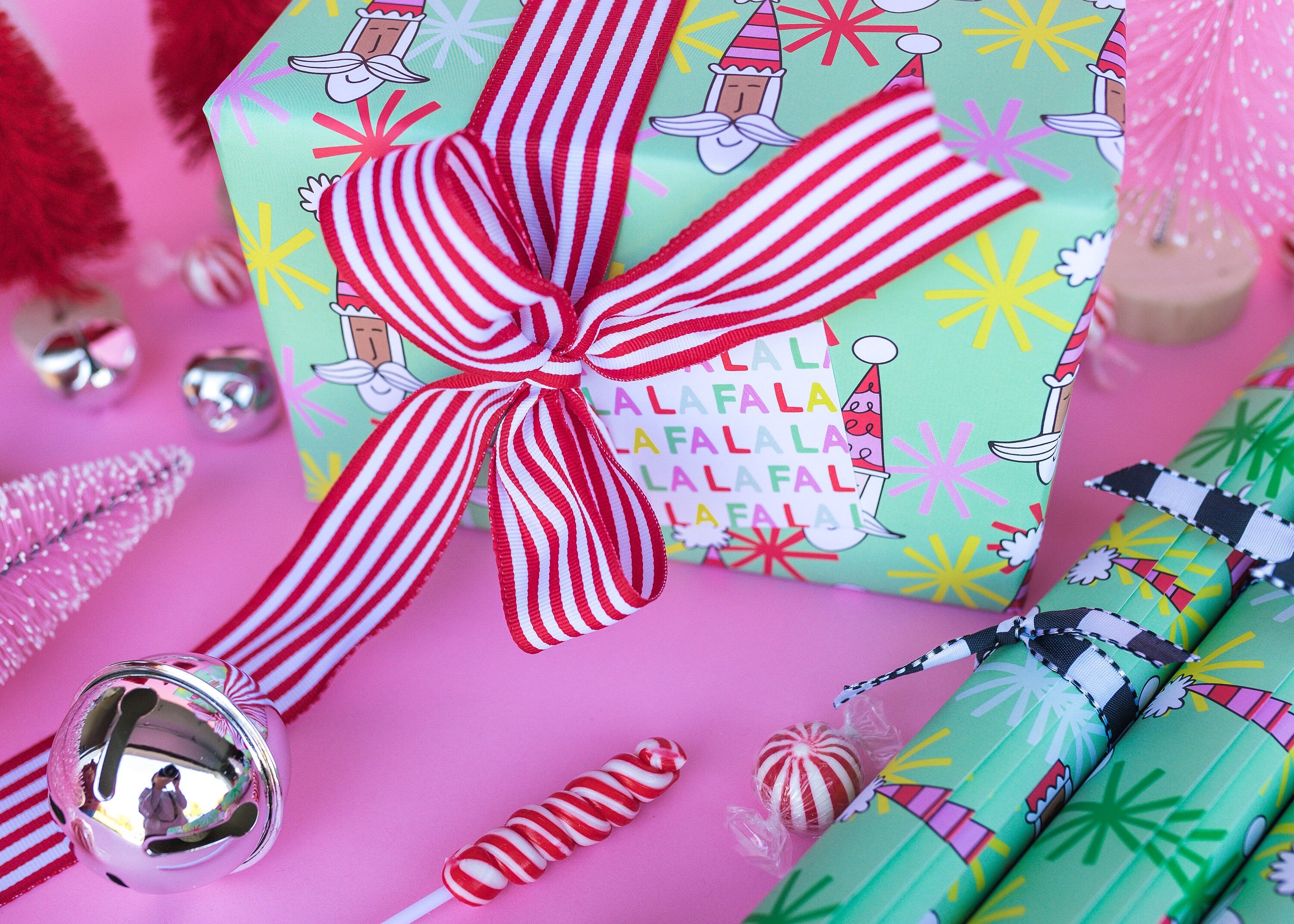 A Christmas gift wrapped in a display.