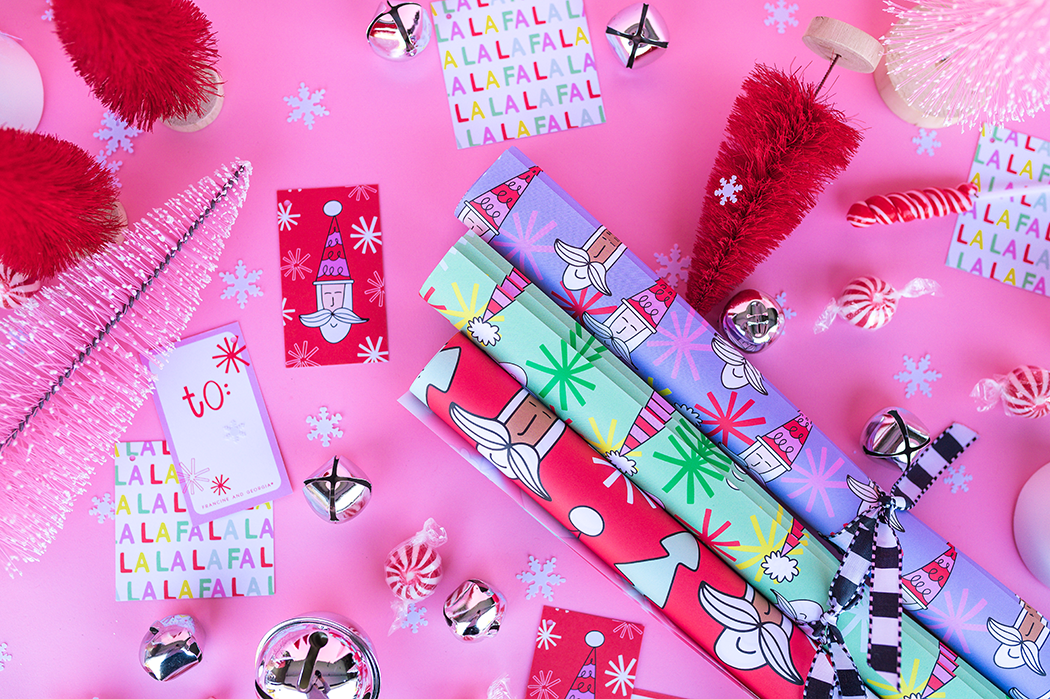 A colorful variety of holiday gift wrap.